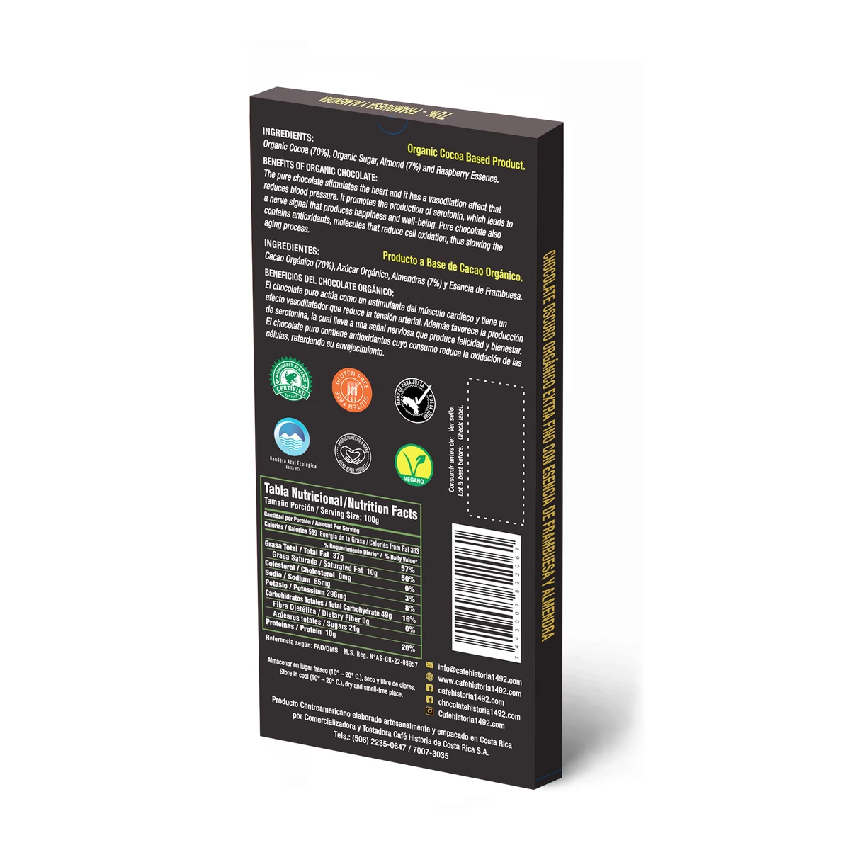 Dark Chocolate 70% - Raspberry & Almonds 80g - dorso