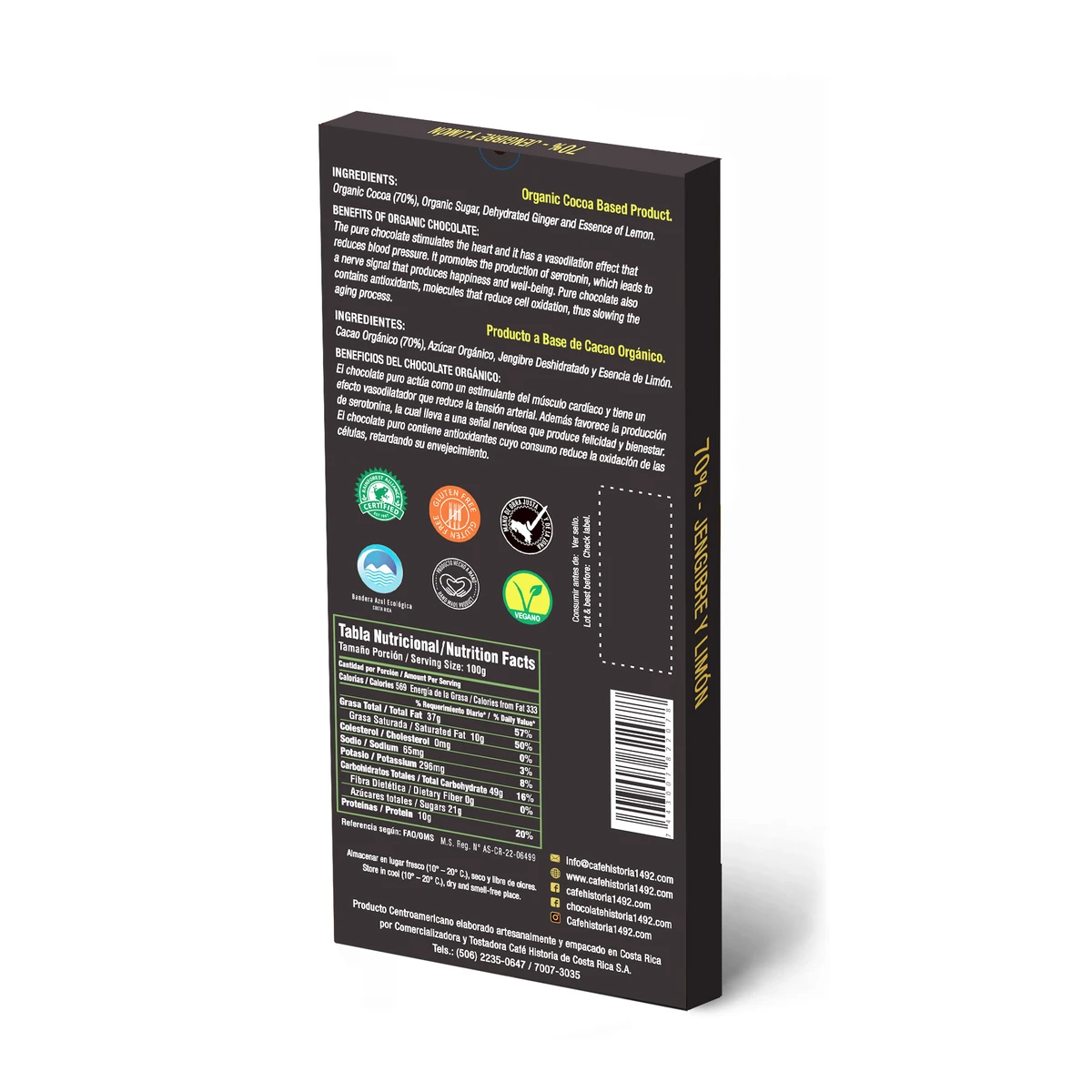 Dark Chocolate 70% - Ginger & Lemon 80g - dorso